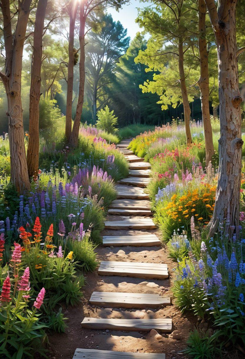 A serene pathway symbolizing recovery, surrounded by vibrant wildflowers representing hope and resilience. Include a diverse group of cancer survivors sharing smiles, engaged in supportive conversations, with soft sunlight filtering through the trees above. Add elements like a guidebook and healing crystals nearby to symbolize knowledge and recovery. super-realistic. vibrant colors. peaceful atmosphere.