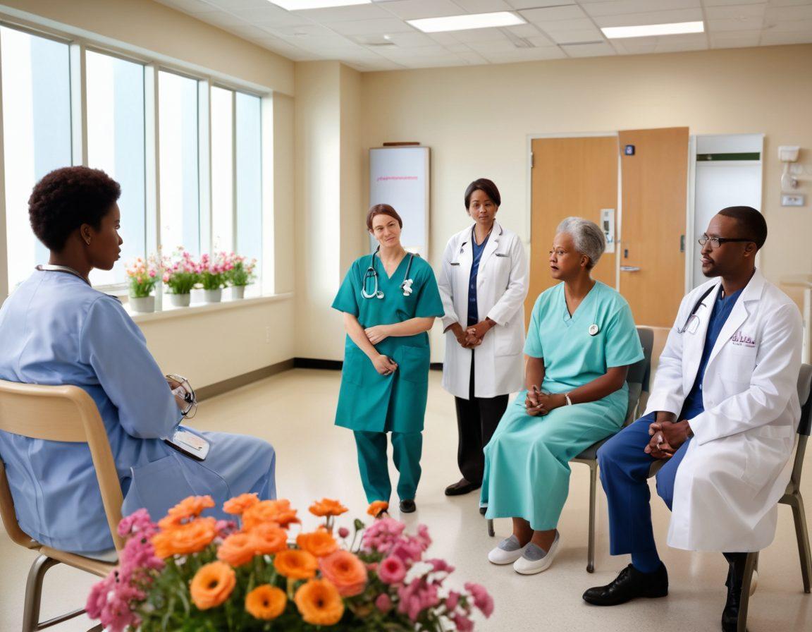 A serene scene depicting a diverse group of patients and healthcare professionals engaged in a supportive discussion about cancer treatment options, set in a bright, welcoming hospital environment. Include symbolic elements like a stethoscope, surgical tools, and uplifting visuals such as blooming flowers or hope symbols in the background. The atmosphere should convey hope, resilience, and community. soft colors. super-realistic.