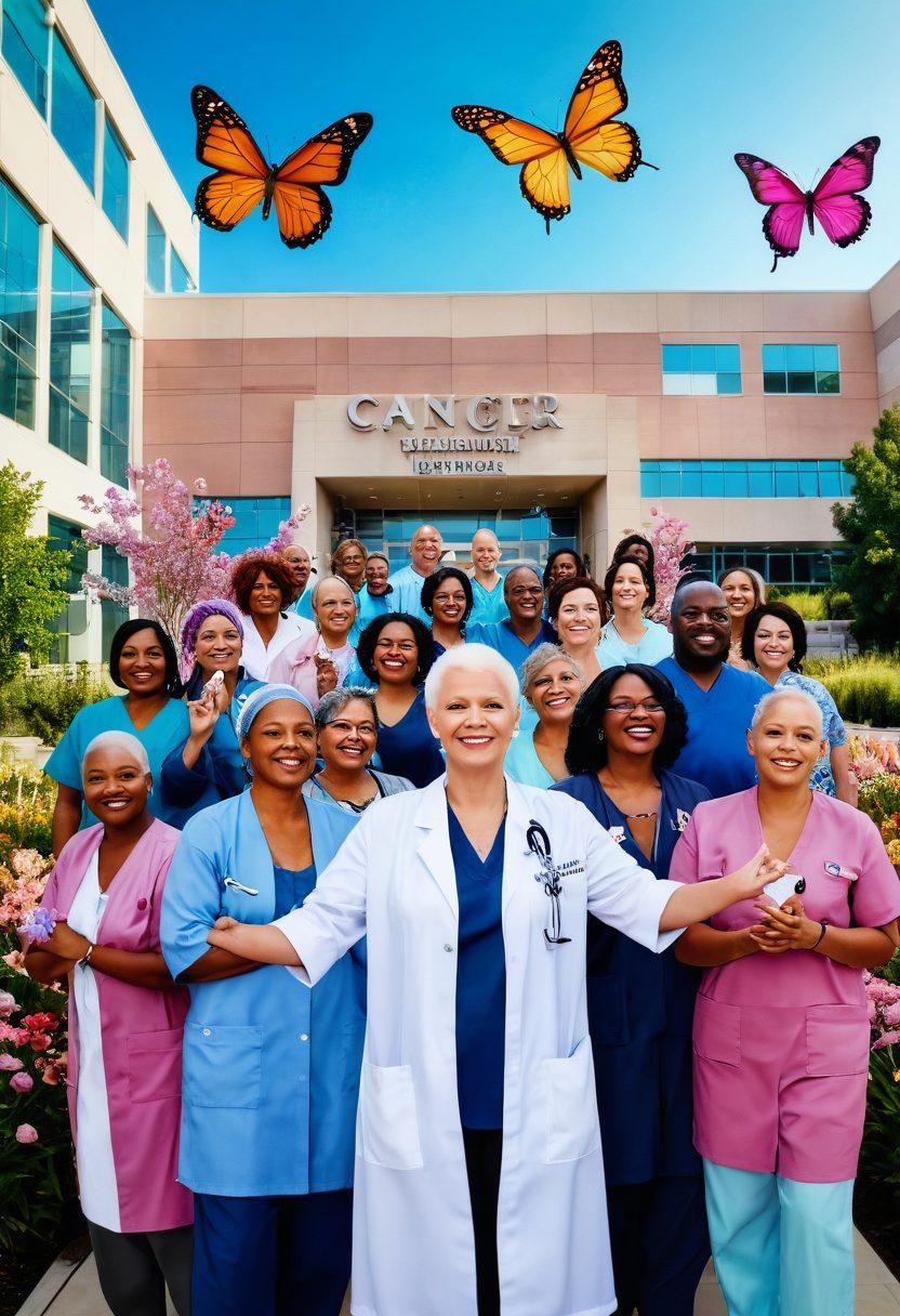 A powerful image depicting a diverse group of cancer survivors celebrating their journey, with a backdrop of a modern hospital showcasing surgical technologies and holistic treatment spaces. Include symbols of hope like butterflies and blooming flowers, intertwined with medical instruments. The scene should convey resilience, community, and innovation in cancer treatment. vibrant colors. super-realistic.